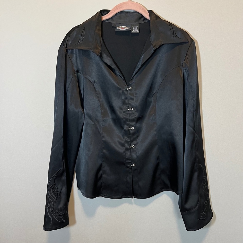 Harley-Davidson Women's Black Satin Hook Eye Embroidered Long Sleeve‎ Top Large